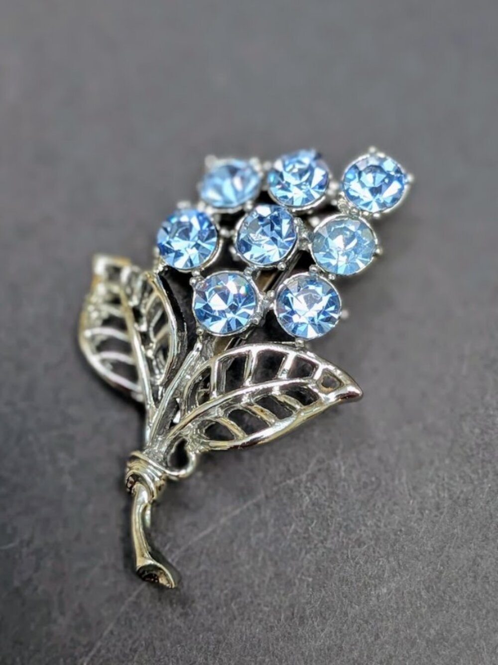 Vintage Light Blue Rhinestone Flower Brooch Silver Tone Floral Pin